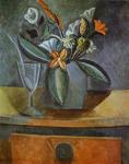 1908 Fleurs dans un cruche et verre de vin avec cuillÃ¨re